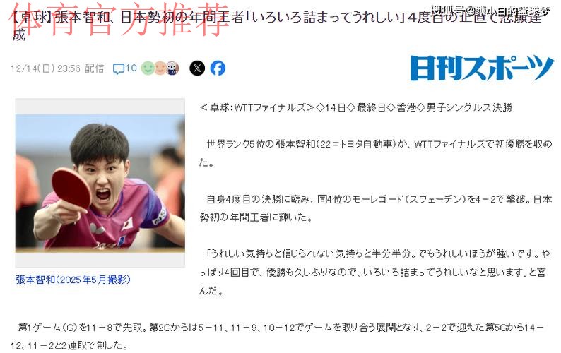 跪地怒吼+4度致敬樊振东!张本智和世排升第4 日媒:日乒首位年度王者 跪地怒吼+4度致敬樊振东!张本智和世排升第4 日媒:日乒首位年度王者